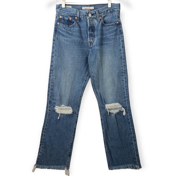 Levi's SZ 26 Premium Wedgie Straight  Distressed Knee Frayed Hem Denim - Picture 2 of 8